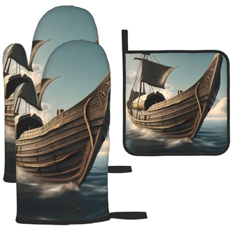Old Viking Boat Christmas Oven Mitts And Pot Holders Gift For Family For Kitchen Baking,Heat Resistant,Set Of 3