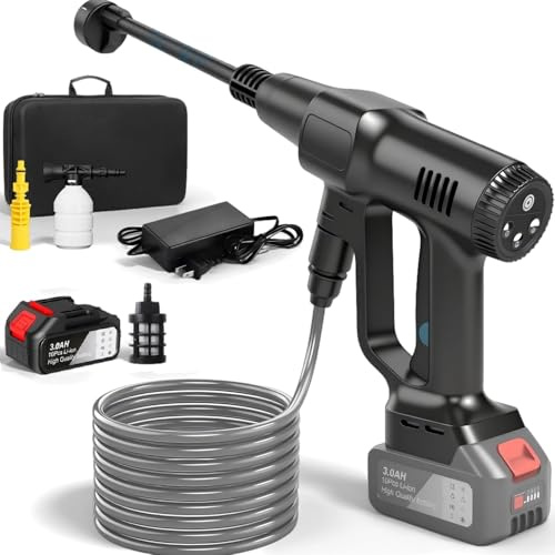 Nettoyeur Haute Pression sans Fil, 21V Max 200 Bar Nettoyeur Haute Pression avec Batterie de 3,0Ah, Press & Clean Pistolet de Lavage avec écran LCD de Puissance et 3 Vitesses (Noir avec 1 Batterie)