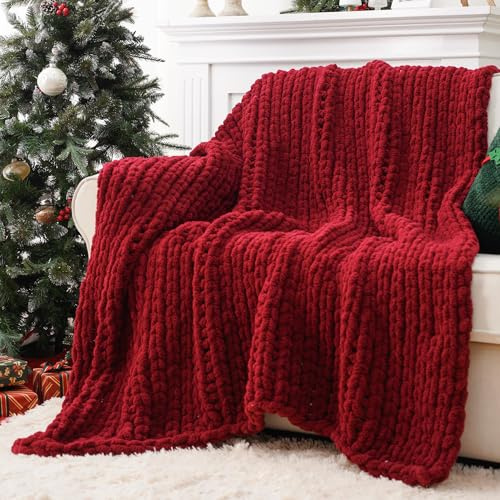 Battilo Chunky Knit Blanket Throw, Christmas Red, 125x150cm | Handmade Knitted Throw Blanket, Soft Thick Chenille Yarn Crochet Blankets Red Throws for Sofa Bed Home Christmas Decor Gifts