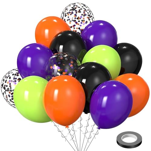 Globos de Halloween naranja, negro, verde, lila, 60 unidades, 12 pulgadas, SKYIOL Halloween, decoración, confeti, globos de látex con cinta para niños, cumpleaños, fiestas de otoño, carnaval, fiestas