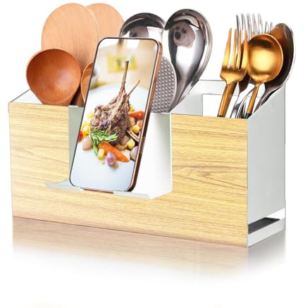 UPODA Utensil Holder Large Iron Flatware Container with 3 Compartments Countertop Wall-mounted Kitchen Utensil Storage (White)