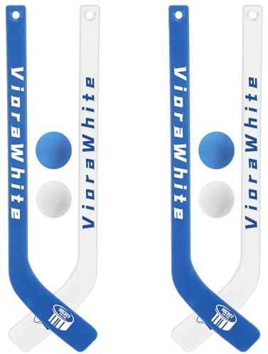 VioraWhite 8 Pcs Mini Knee Hockey Stick and Ball Set Knee Hockey Set Includes 4 Mini Sticks and 4 Foam Balls for Sports Winter Indoor Floor(White Blue)
