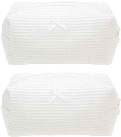 Cozy Makeup Bag for Women,Zipper Cosmetic Pouch,Waffle Cream White,2 Pack