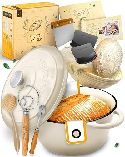 Olla de hierro fundido esmaltado en juego XXL – Molde para pan con tapa incluye cesta de fermentación, batidor, cuchillo de panadero, espátula para masa, soga de pan, etc. Perfecto juego de olla para