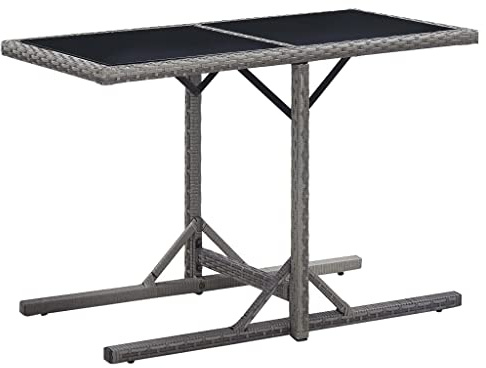 VIHHQGC Powder Coated Steel Frame Garden Table with PE Rattan Legs and Glass Top, Weather Resistant Outdoor Dining Table for Patio and Backyard, Solid Acacia Wood Garden