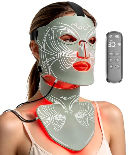 LED Face Neck Mask Light Therapy for Skin Care Anti Aging Wrinkles Acne Treatment,Red Blue Infrared 7 Colors Facial Rejuvenation Device 630nm Near Infrared,Silicone Home Use Beauty Device Green