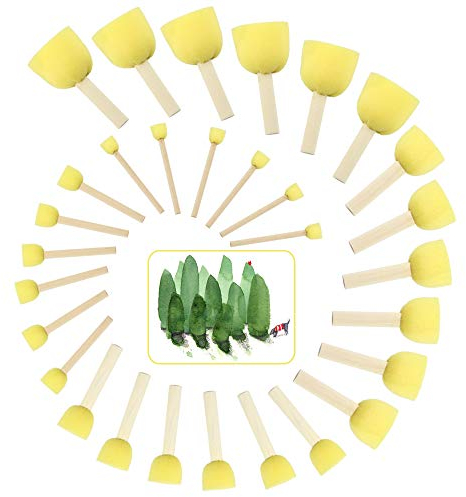 EMAGEREN Schwammstupf Pinsel, 30er-Pack Schaumstoffpinsel Stupf-Pinsel Tupfpinsel Runde Schwämme Pinsel Set für Anstriche und Lackierungen Aller Art, Heimwerken, Basteln, 5 Verschiedene Größen, Gelb