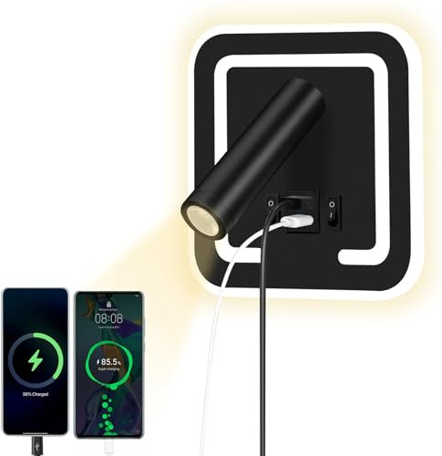 HUIZHOU lampada da lettura a parete 3W + 9W LED lampada da lettura, porta di ricarica USB, 3000K lampada da comodino rotante adatta per camera da letto, scale, corridoi, uffici (Quadrato nero)