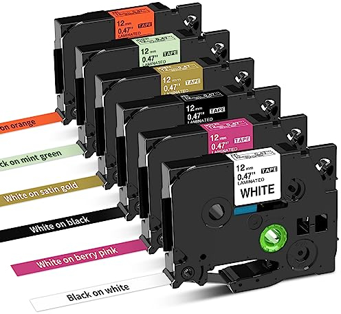 Markurlife TZe Schriftband 12mm Kompatibel mit Brother P-Touch 12mm 0,47 Bänder in Schwarz auf Weiß/Mintgrün/Orange, Weiß auf Schwarz/Satingold/Beerenrosa für PT-H105 H110 H200 H100R 1000 1080