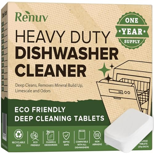 Renuv® Heavy Duty Dishwasher Cleaner & Deodorizer Tablets, Descaler, Deep Cleaning, Natural Odor & Smell Remover, Calcium, Limescale, Hard Water Marks, Grease, Septic Safe Pods (12 Tabs 1 Yr Supply)