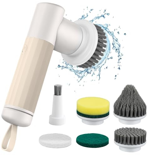 SHGUMITE Lektrische Reinigungsbürste mit 6 Ersatzbürsten,Putzbürste Elektrisch 360°Power Spin Scrubber Schnurlos,2 Einstellgeschwindigkeiten Geeignet für Küchenspüle/Badezimmerglas/Fliesenboden