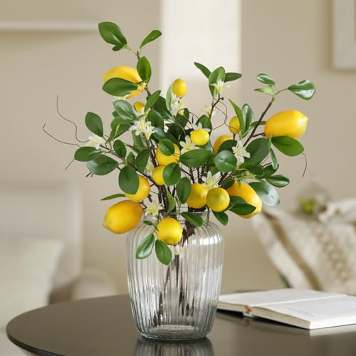 Laelfe Artificial Lemon Branches, 8 Head Yellow Fake Lemons Stems Faux Lemon Decorations for Home Kitchen Farmhouse Summer Party Decor (48 cm/18.9 in)