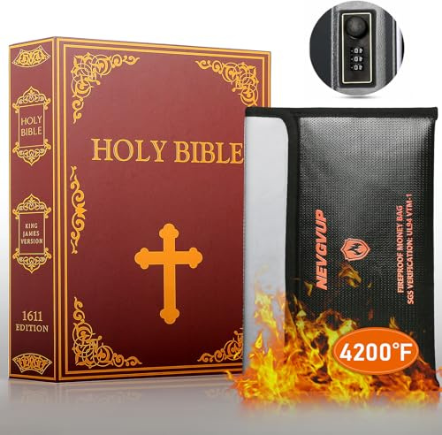 Diversion Book Safe with 4200°F Fireproof Money Bag and Combination Lock, 10.5 x 7.9 x 2.5 Fake Book Hidden Storage Safe, Hollow Secret Portable Metal Storage Box for Cash, Valuables - Easter Bible