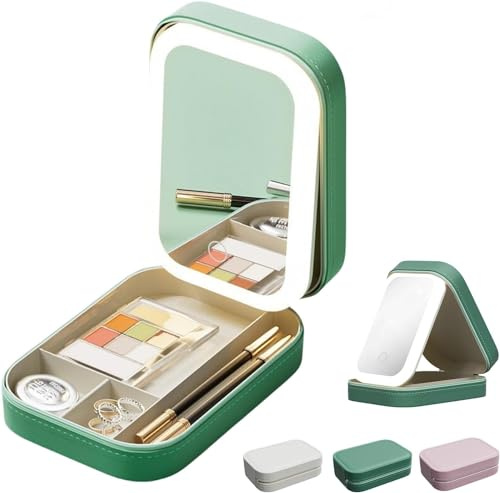 Scatola portaoggetti integrata per trucchi con specchio che riempie la luce, scatola per trucchi con specchio a LED, custodia portatile per cosmetici, controllo touch e design con cerniera, Verde