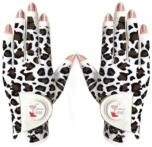 AMRTA Golf Gloves Women Half Finger Left Hand Leather with Ball Marker 1 Pack, Colored Glove for Ladies Right Handed Golfer All Weather Grip (Leopard Print, S)