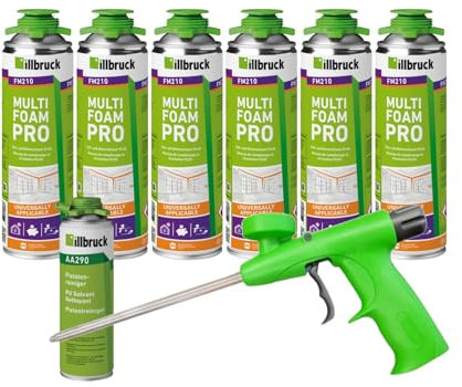 FM210 Fönster- och fasadskum, pistolskum, monteringsskum, multiskum, fönsterskum, hög ljudisolering, värmeisolering, 750 ml kombiset (med rengöring AA290 + skumpistol illbruck, 6x)