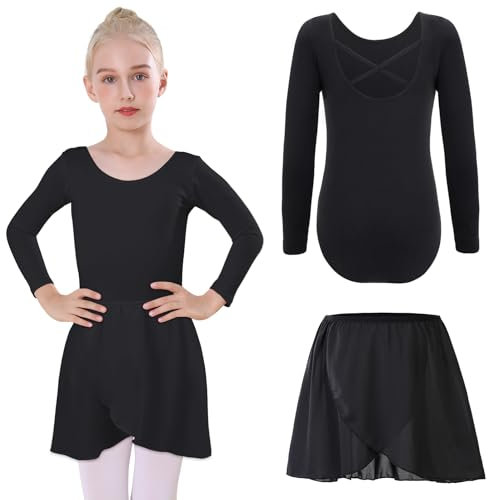 Bezioner Ballettkleidung mädchen mit Abnehmbarem Ballettrock Tanzbody Langarm Balette Kleidung Mädchen Ballettanzug Kinder Schwarz 140(10-12 Jahre, 140-150 cm)
