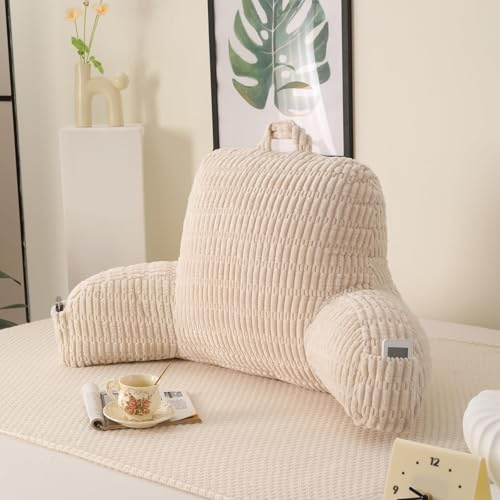 PAJEO Reading Pillow for Sitting in Bed with Arm,White Corduroy, M