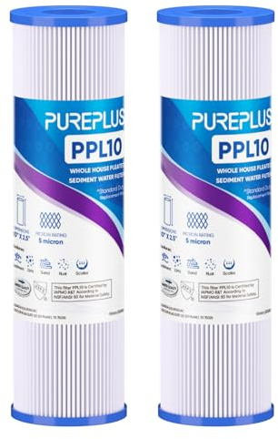 PUREPLUS Filtro de sedimentos plisado de 5 micras de 10 x 2.5 pulgadas para agua de pozo, cartucho de repuesto para sistema universal RO de 10 pulgadas, W50PE, WFPFC3002, SPC-25-1050, FM-50-975, 801