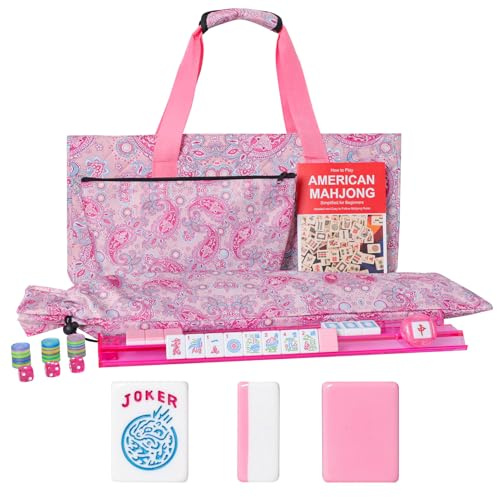 GUSTARIA American Mahjong Game Set, 166 Pink Tiles (1.2”), 4 All-in-One Color Rack/Pushers & Drawstring Bag, Complete Mahjong Sets with Pink Printed Carrying Bag and Mahjong Tile Set Accessories