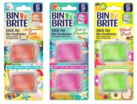 Bin Brite Stick On Bin Freshener, 3 Packs of Assorted, Mediterranean Sun, Lost in Paradise, Island Fruit Scents - Bundle by Buyers Arena.
