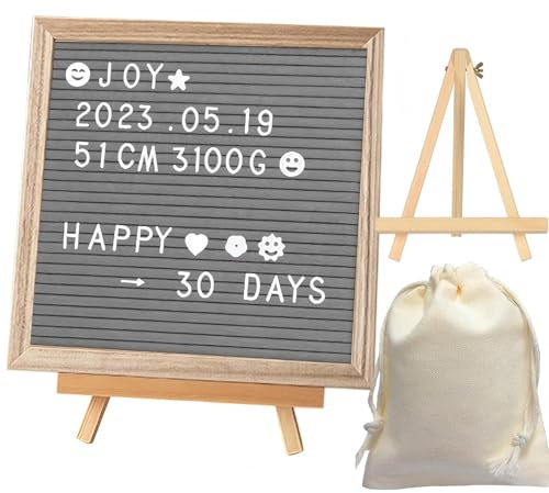 LUPATDY Letterboard, Lavagna bifacciale in feltro, 25 × 25 cm, lavagna per lettere da inserire con lettere, simboli ed emoji, lavagna in legno per decorazioni e regali, grigio