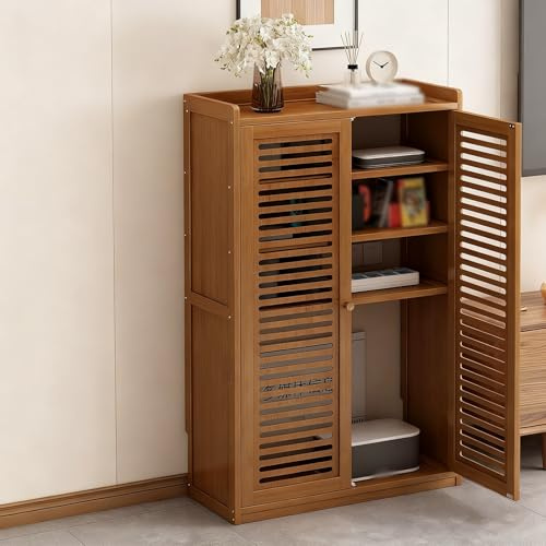 Gabinete Almacenamiento Multifuncional en Rattan para Router WiFi Caja Almacenamiento Medios Doméstica con Estantes Ajustables Gabinete Estéreo con Puertas(Brown,59*25*82cm/23.2*9.8*32.3in)