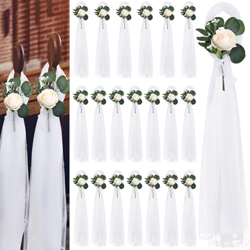 DIYDOFUN 20 Sets Wedding Aisle Decorations, Champagne Flowers, 39.4 Inches | Artificial Silk Rose with Long Tulle Tails for Church Pew Chair Bench, Ceremony Reception Party Bridal Shower Arrangements