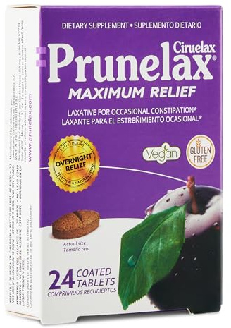 Prunelax Ciruelax Maximum Relief Laxative Tablets with Natural Senna for Occasional Constipation, Senna Extract, Vegan & Gluten-Free, Gentle Overnight Relief - 24ct