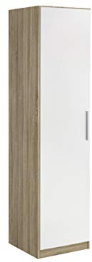 Rauch Möbel Minosa Drehtürenschrank, Kleiderschrank, Schuhschrank, Garderobe, klein, 1-türig, inkl. 6 Einlegeböden, Farbe Eiche Sonoma, Holz, Absetzung in Weiß, Griffprofil Alufarben, 47x197x41cm