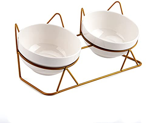 JOELELI Cat Bowls, Double Ceramic Pet Bowls with 15°Tilted Raised Cat Bowls Stand Anti Vomiting Cat Dish Bowls for Food and Water, Perfect for Puppy Cats and Small Dogs(Double Bowls)
