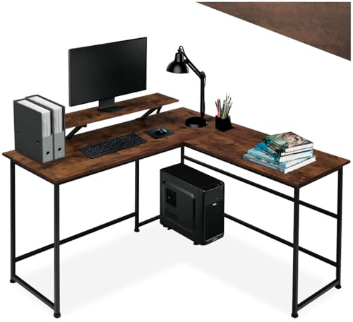 tectake® Scrivania angolare 140x130x76,5 cm, Scrivania Gaming Casa e Ufficio, Ideale Computer Portatile o Computer Fisso, Ripiano rialzato per Monitor, Scrivanie Stile Industriale - Legno Scuro