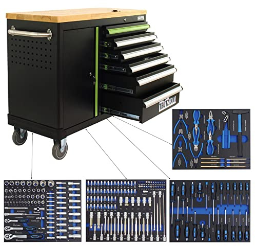 TRUTZHOLM Werkstattwagen Deluxe 6 Schubladen + Tür Werkzeugwagen 219 TLG. bestückt, Rollwagen, Assistent | Arbeitsfläche 108x46,5cm Massivholz