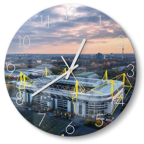 DEQORI Glasuhr | rund Ø 30 cm | Motiv Signal Iduna, Dortmund | ausgefallene leise Design Uhr aus Glas | Wanduhr für Wohnzimmer & Küche | Moderne Hingucker Uhr für die Wand