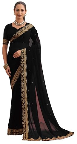 Ravish Style Women's Georgette Silk Embroidery Saree with Blouse Piece (1159-F-Black)