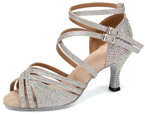 RUYBOZRY Scarpe da Ballo Latino Donna con Strass Raso Ballroom Salsa Bachata Scarpe Ballo Suola Scamosciata con Tacco da 7,5cm Argento EU 38.5