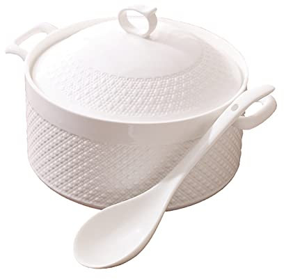 Keramiska serveringssoppskålar med soppslev och lock, vit soppterrin med dubbla handtag, soppskålar av porslin keramik för restaurang, kök, hem, B, 2 400 ml