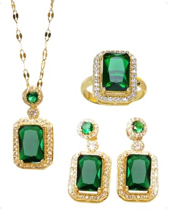 KONFEN Conjunto de Joyas de Cristal, Esmeralda Juegos de Joyas Conjunto Pendientes Collar y Anillo Ajustable con Cubic Zirconia Mujer, Crystalina Joyeria Colgante Set para Mujeres Niñas (Verde)