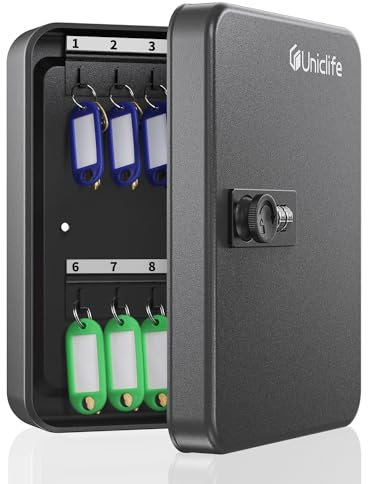 Uniclife 20 Position Key Cabinet with Combination Lock Resettable Black Digital Security Storage Box Steel Key Organizer with Colorful Key Tag Labels Stickers and Hooks