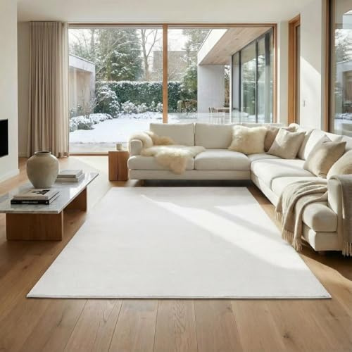 Jimri Flauschiger Teppich Läufer - Hochwertiger Kurzflor für Zuhause, Büro, Küche, Eingang, Flur, Wohnzimmer - Maschinenwaschbar - Rutschfester Teppich Waschbar - 120x160 cm - Cream_Weiß