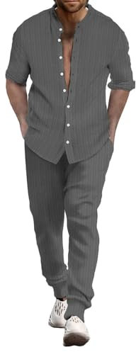 Junger Herrenanzug Slim Fit Herren Sommer Atmungsaktiv Zwei gerollte Ärmel Hemd Hose Set Herren Sportbekleidung Herren Zweiteilige Sportbekleidung, grau, L