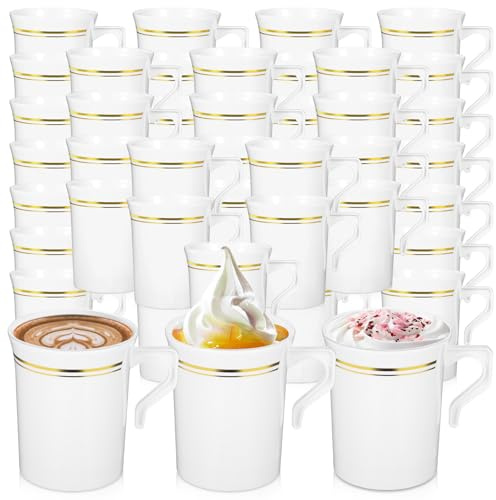 Ubamdom 48 Pcs Plastic Coffee Cups with Rim, 8 oz Disposable Coffee Mugs with Handle Disposable Tea Cups Espresso Beverage Plastic Mugs for Wedding (White, Gold)
