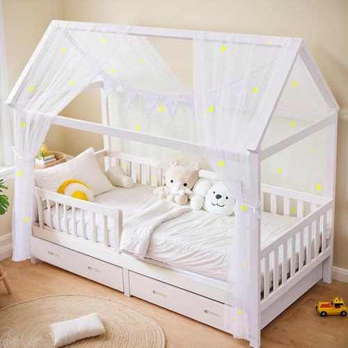 ToxyJopy Set di 2 letti a baldacchino con stelle luminose, decorazione per letto con bandierine in cotone biologico, decorazione per la cameretta dei bambini