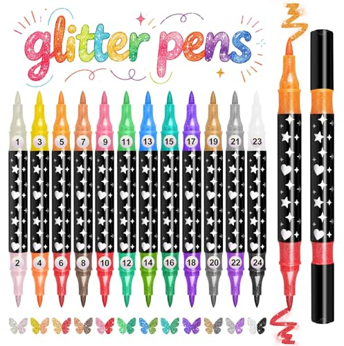 Funnasting 24 färger glitter filtpennor ritset, 12-pack dubbla spetsar glitterpennor metalliska gnistrande markörer, vattenbaserade glitterpennor för målning, gör-det-själv-projekt, skriva