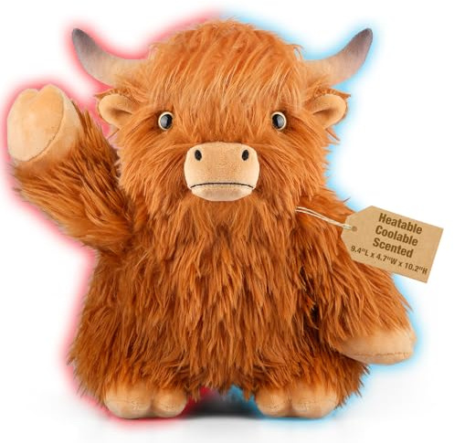 Bobbie & Laxi Animale di peluche ponderato a forma di mucca delle Highland e refrigerabile, tappetino riscaldante per alleviare i crampi mestruali, dolore muscolare e ansia, simpatico giocattolo di