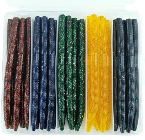 Senko Worms for Bass Fishing: 40PCS 5.5 Wacky Worm Lures Kit with Box | Senkos Soft Plastic Baits for Freshwater Saltwater | Slow-Fluttering Action