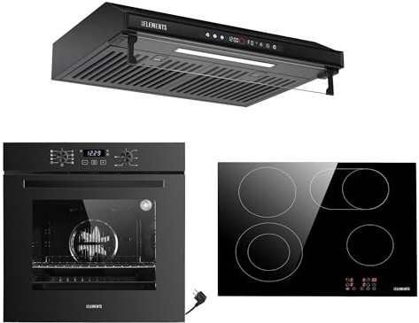 Aqua Clean - Juego de cocina (60 cm, horno empotrable, placa de 59 cm, campana extractora de 60 cm, temporizador, seguridad para niños, parrilla, aire caliente)