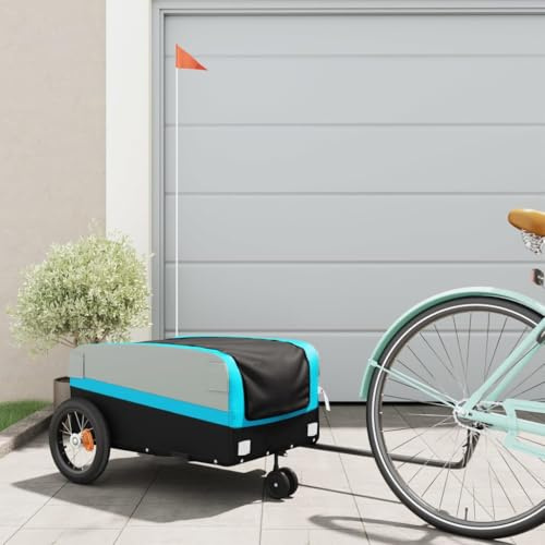 Rimorchio per bicicletta nero e blu in ferro con portata di 30 kg, 122 x 53 x 53 cm, con bandiera di sicurezza, ideale per trasportare bagagli, carico, cane e uso esterno