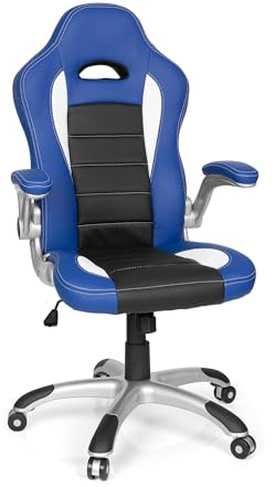 HJH Office 621890 Sedia da Ufficio Girevole GAME SPORT Pelle Sintetica, Poltrona da Gaming, Braccioli ripiegabile, Nero/Bianco/Blu