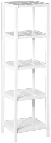 Estantería de pie de madera laminada blanca con 5 baldas de 37x33x140 cm | Estilo nórdico minimalista ideal para organizar toallas y cosméticos en espacios húmedos con elegancia